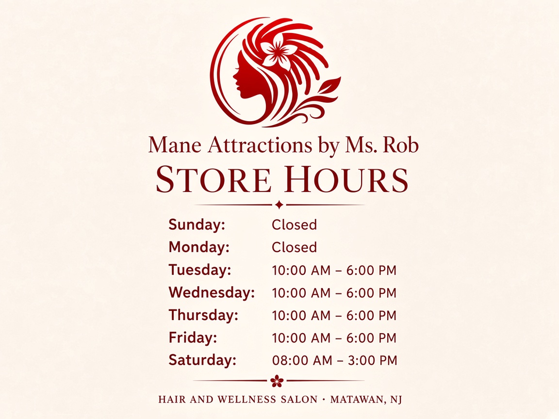 Mane Attractions by Ms. Rob store hours. Sunday and Monday: closed. Tuesday through Friday: 10:00 AM to 6:00 PM. Saturday: 8:00 AM to 3:00 PM. Hair and Wellness Salon, Matawan, NJ.